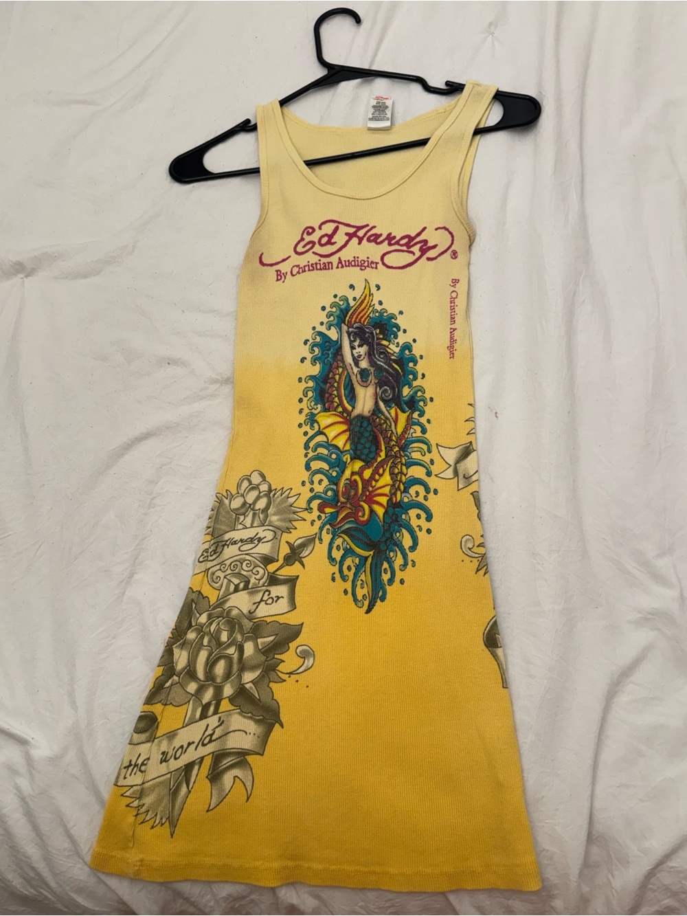 Ed Hardy Yellow Tank Dress with Mermaid and Floral Tattoo Graphics